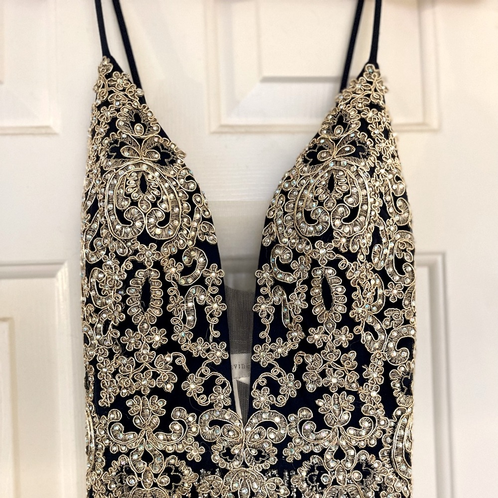 Glittering Navy and Gold rhinestoned Evening Gown
